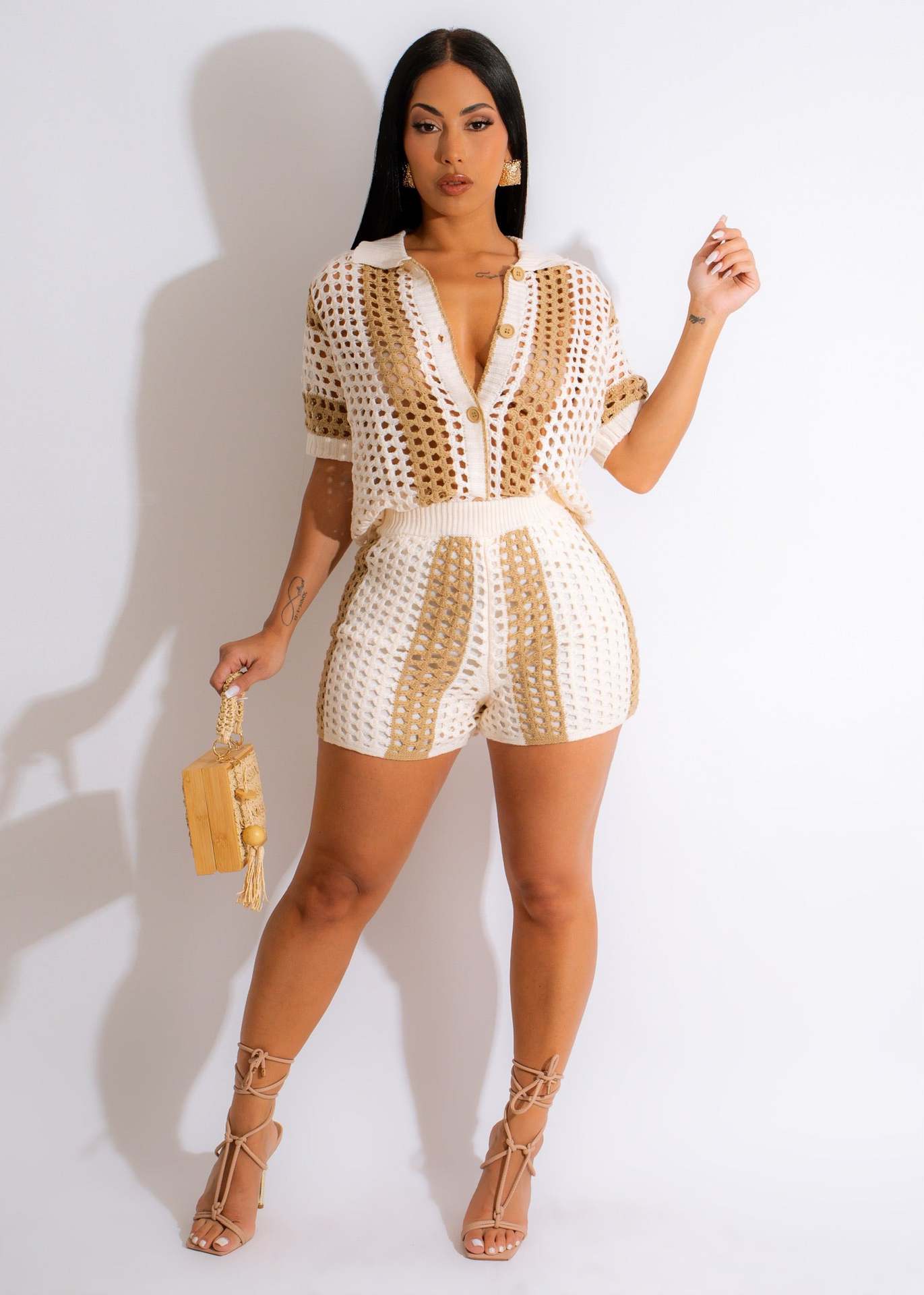Ropa de mujer sexy para mujer, traje corto de punto con cuello transparente y aberturas