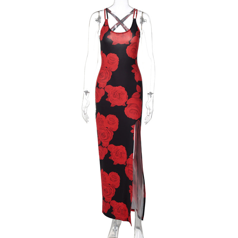 Vestido estampado sexy con tirantes y abertura para mujer de verano