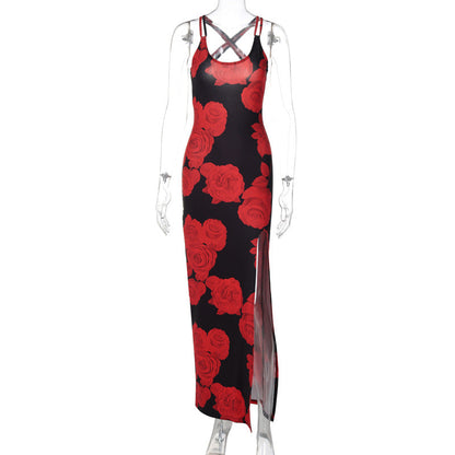 Vestido estampado sexy con tirantes y abertura para mujer de verano