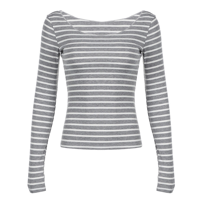 Blusa de manga larga, ligera, ajustada y a rayas con hombros descubiertos, sexy, sencilla, combinable y casual.