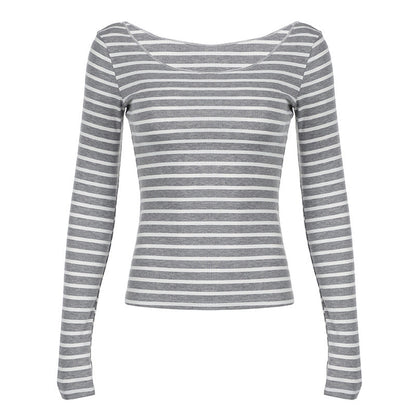 Blusa de manga larga, ligera, ajustada y a rayas con hombros descubiertos, sexy, sencilla, combinable y casual.