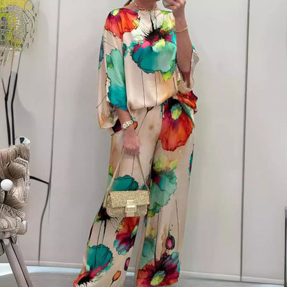 Colección Verano Otoño Estación Independiente Urbana Elegante Satén Cuello Descubierto Suelto Estampado Manga Murciélago Pantalones con Cordón Conjuntos