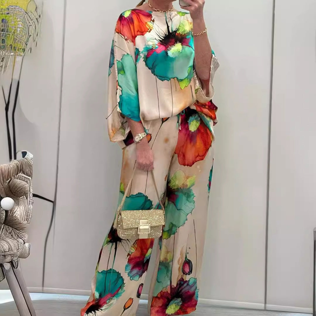 Colección Verano Otoño Estación Independiente Urbana Elegante Satén Cuello Descubierto Suelto Estampado Manga Murciélago Pantalones con Cordón Conjuntos