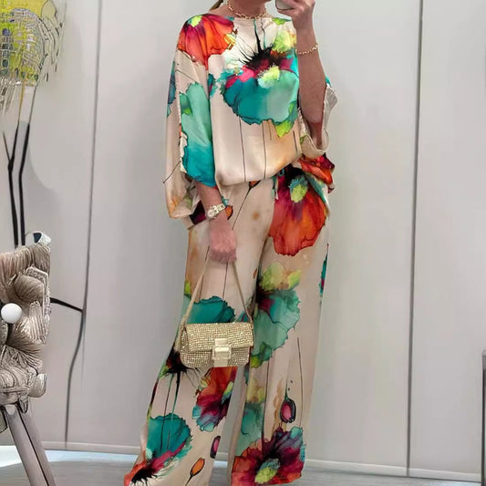 Colección Verano Otoño Estación Independiente Urbana Elegante Satén Cuello Descubierto Suelto Estampado Manga Murciélago Pantalones con Cordón Conjuntos