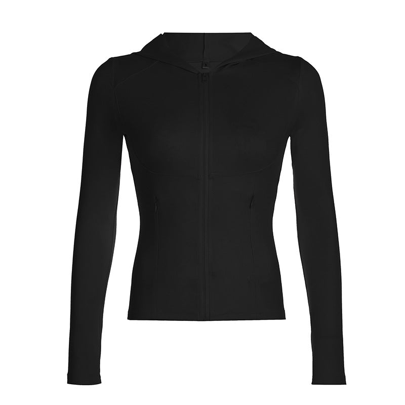 Camiseta deportiva de color liso para correr, fitness, yoga, ajustada, para otoño e invierno, con capucha y cremallera para mujer