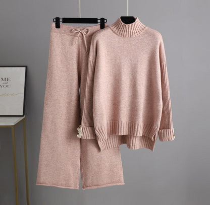 Conjunto de dos piezas de jersey de cuello alto y manga larga para mujer, traje de punto de otoño e invierno, ropa exterior gruesa y holgada.