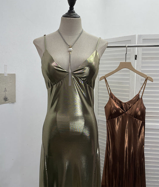 Sexy Liquid Metal Color Sling Dress with Chest Pad Dress