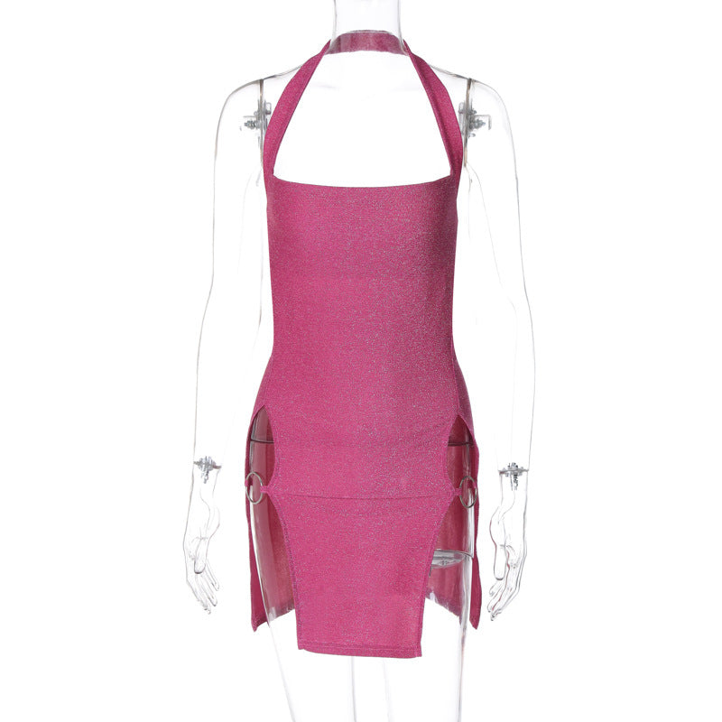 Vestido corto sexy de primavera y verano para mujer, vestido tubo de seda brillante con cuello halter y abertura.
