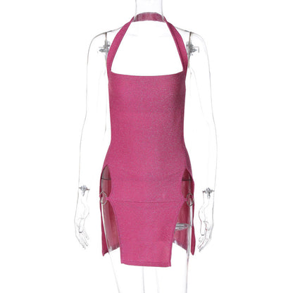 Vestido corto sexy de primavera y verano para mujer, vestido tubo de seda brillante con cuello halter y abertura.