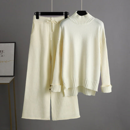 Conjunto de dos piezas de jersey de cuello alto y manga larga para mujer, traje de punto de otoño e invierno, ropa exterior gruesa y holgada.