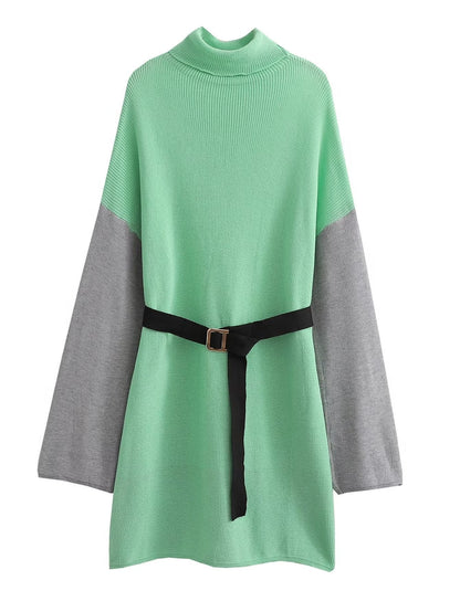Vestido de punto con cinturón suelto y cuello alto para mujer de otoño