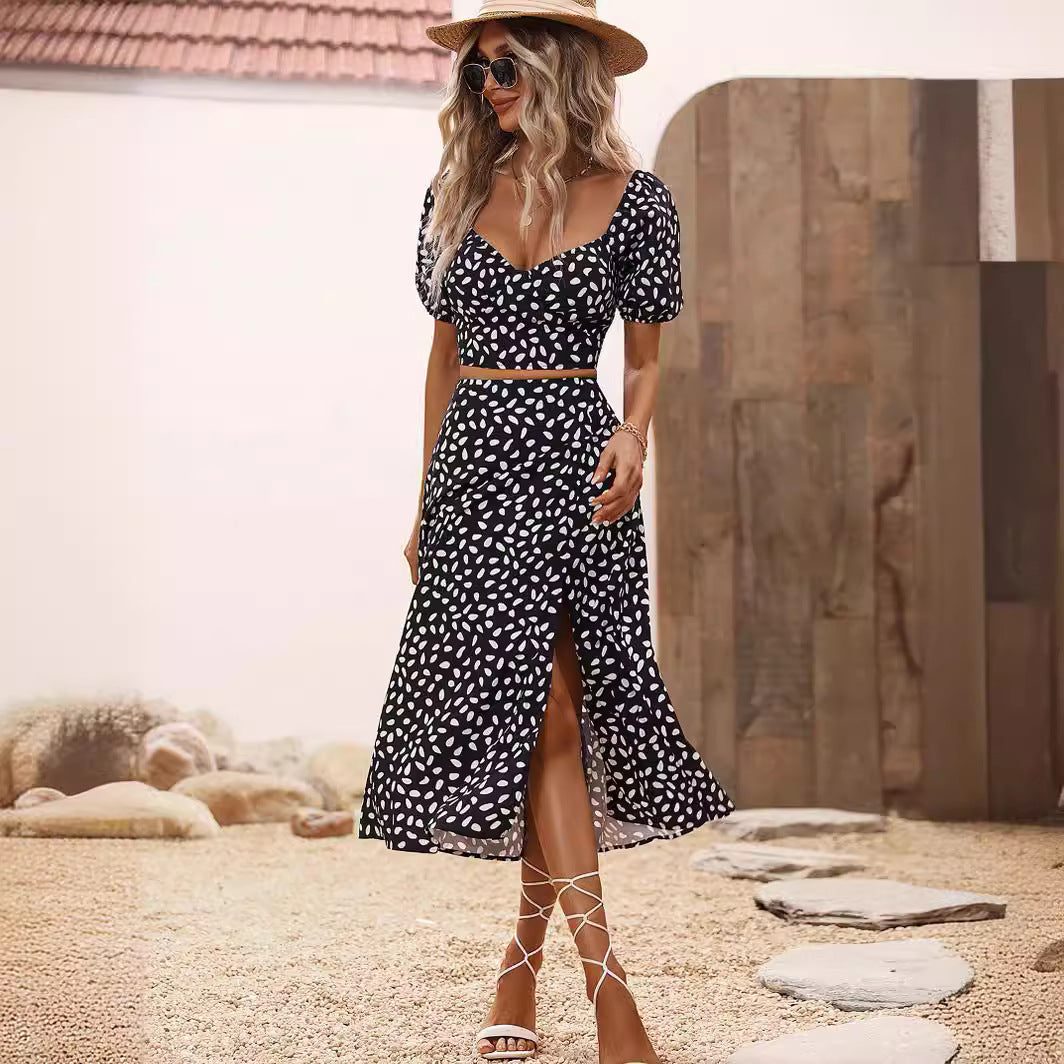 Conjunto de falda dividida de manga corta con cuello en V para mujer de verano