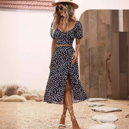 Conjunto de falda dividida de manga corta con cuello en V para mujer de verano