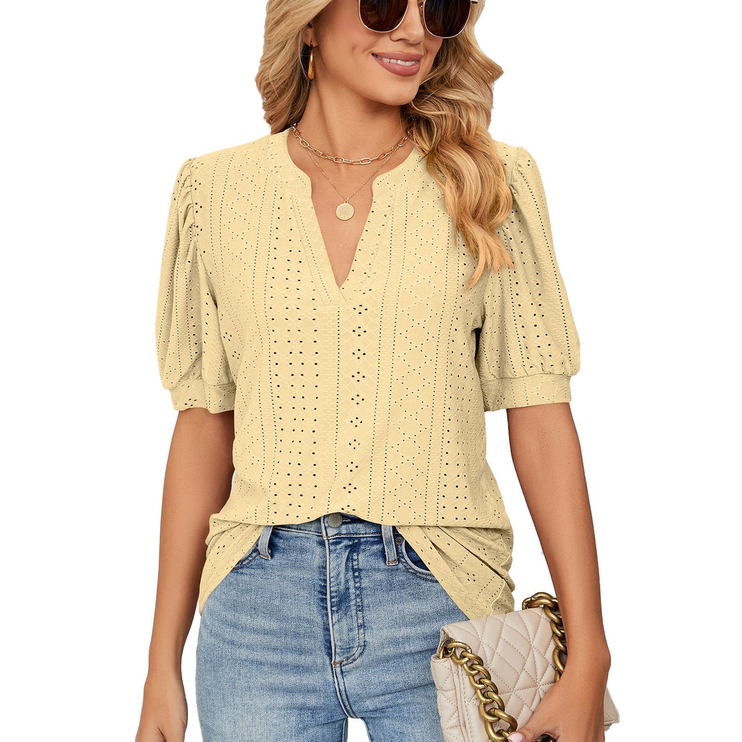 Camiseta holgada informal de verano con escote en V y mangas abullonadas con recortes de color liso para mujer