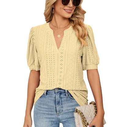 Camiseta holgada informal de verano con escote en V y mangas abullonadas con recortes de color liso para mujer