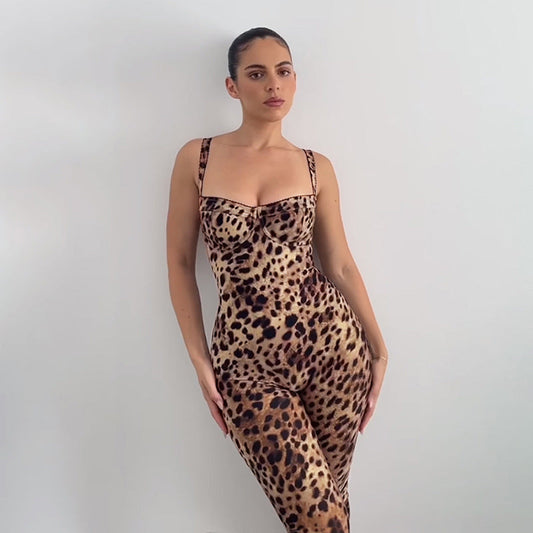 Mono sexy de primavera con tirantes, espalda descubierta, estampado de leopardo, cintura alta, ajustado y levanta caderas