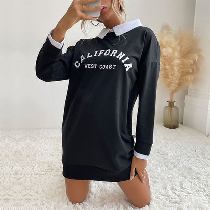 Vestido tipo suéter de manga larga con cuello y patchwork para mujer de otoño