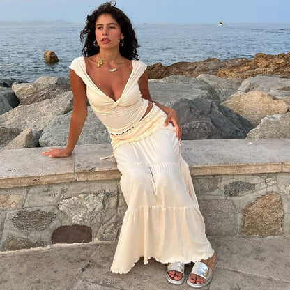 Conjunto de falda plisada francesa con chaleco corto de corte bajo y sexy para mujer de verano