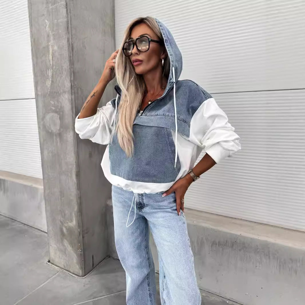Sudadera con capucha para mujer, holgada, informal, con costuras vaqueras y lavado al agua, para otoño