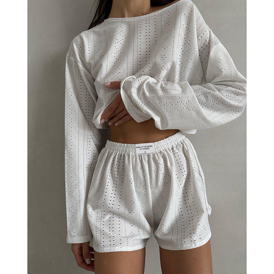Conjunto de jersey y pantalones cortos holgados de corte entallado sencillo para mujer de otoño