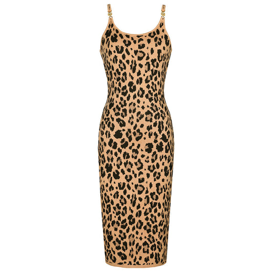 Summer Socialite Quality Leopard Print Fil Lumiere Weave Sleeveless Sling Dress