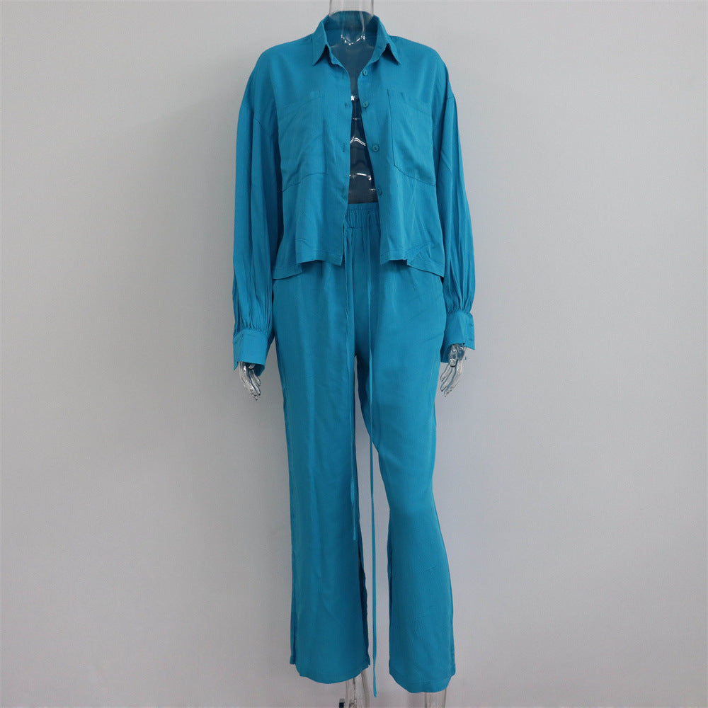 Conjunto informal de dos piezas para mujer, con cuello tipo polo, camisa y pantalones anchos con abertura en la parte superior, para primavera y verano