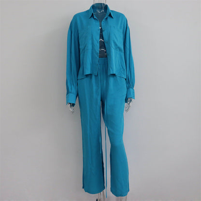 Conjunto informal de dos piezas para mujer, con cuello tipo polo, camisa y pantalones anchos con abertura en la parte superior, para primavera y verano