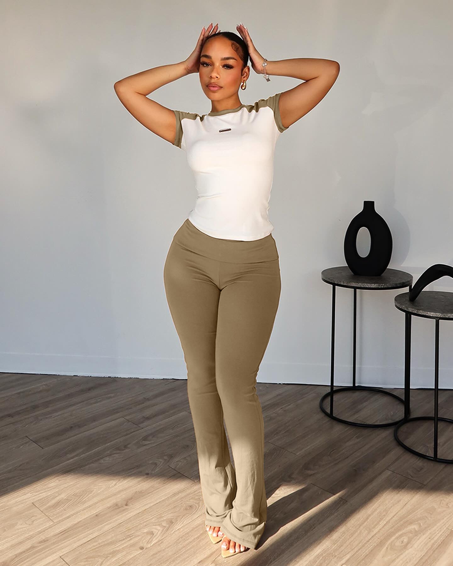 Women Clothing Spring Summer Color Matching Sports Dance Fitness Yoga Short Sleeve Trousers Two Piece Set