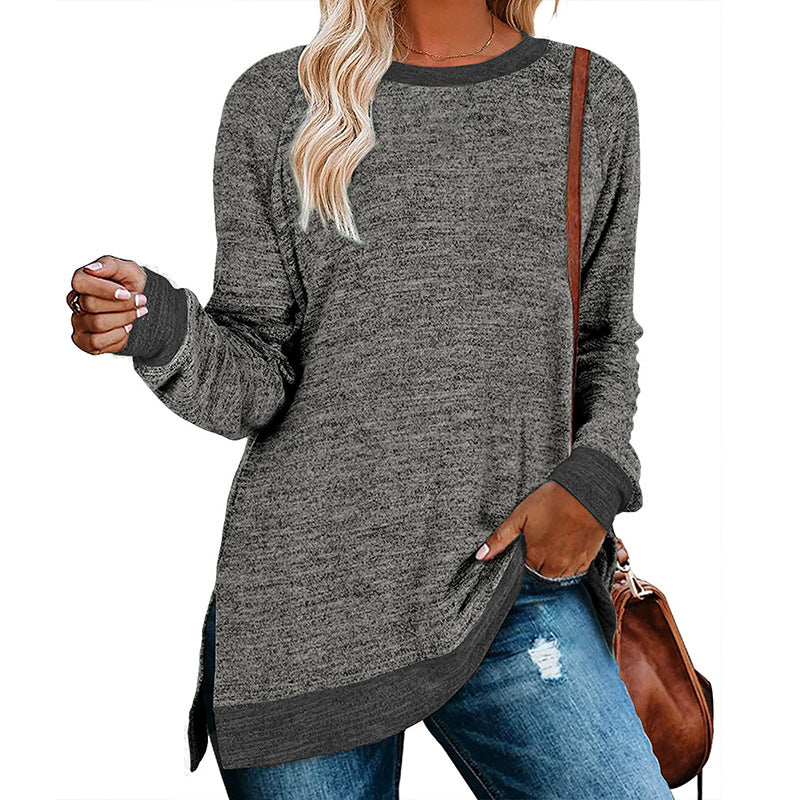 Camiseta informal holgada de manga larga con cuello redondo y abertura multicolor para mujer
