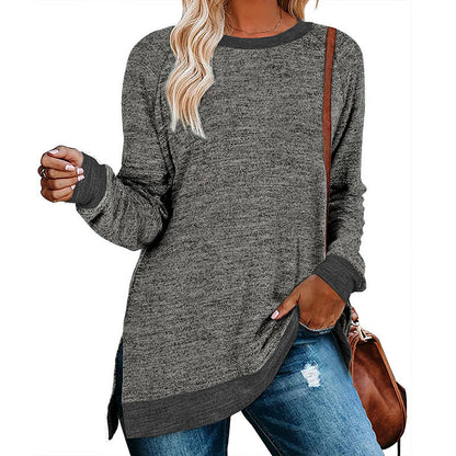 Camiseta informal holgada de manga larga con cuello redondo y abertura multicolor para mujer