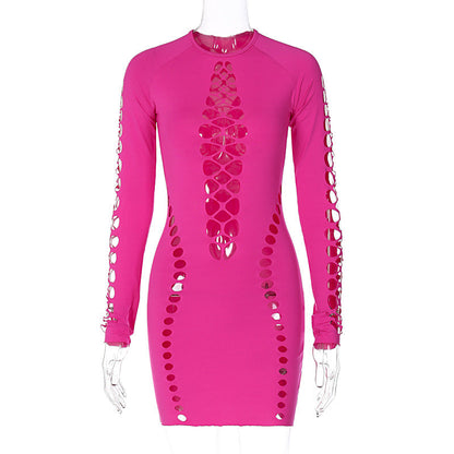 Vestido corto ajustado con cuello redondo y mangas largas con aberturas sexy de color sólido para mujer