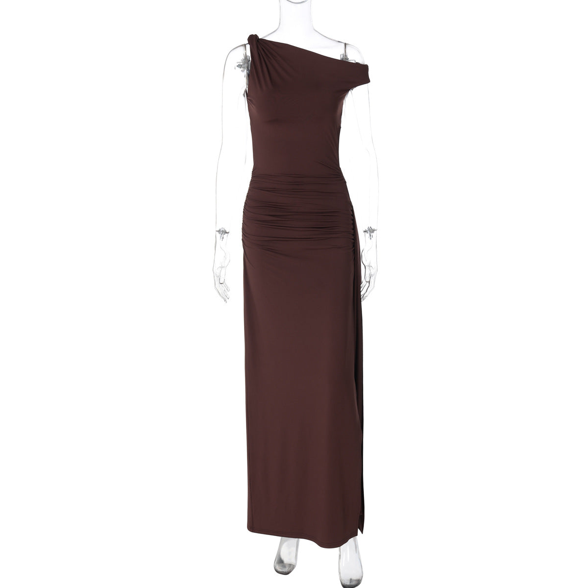 Vestido de mujer primavera verano ajustado cuello diagonal sin mangas abertura color sólido
