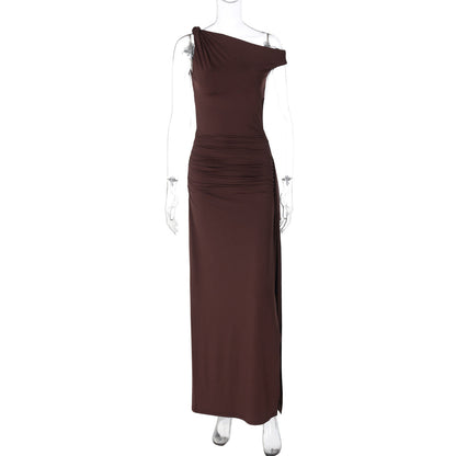 Vestido de mujer primavera verano ajustado cuello diagonal sin mangas abertura color sólido