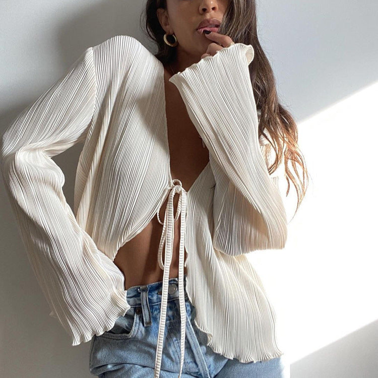 Cárdigan de verano con cordones, sexy, ajustado, acampanado, camisa plisada de manga larga para mujer, con textura francesa