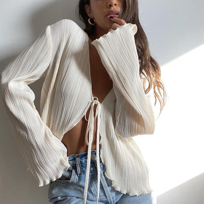 Cárdigan de verano con cordones, sexy, ajustado, acampanado, camisa plisada de manga larga para mujer, con textura francesa
