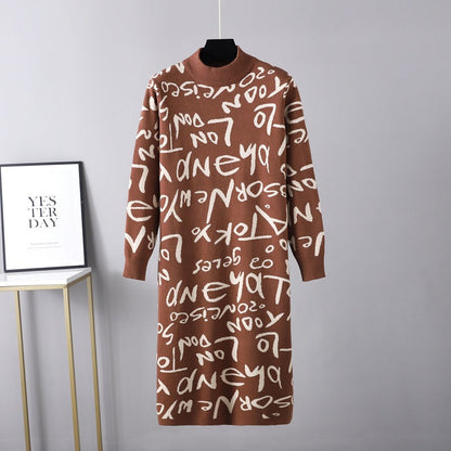 Ropa de mujer Otoño Invierno Jersey de punto Manga larga Letras gráficas Graffiti Suéter Vestido