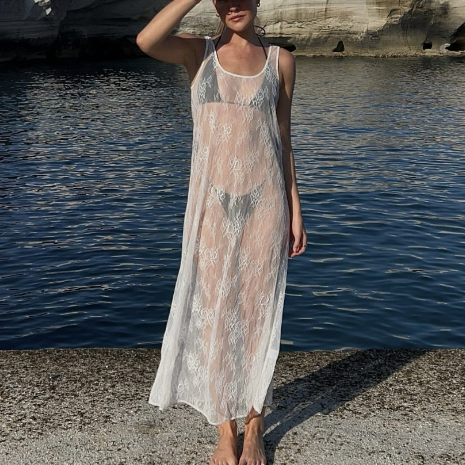 Vestido de blusa de encaje con aberturas y transparencias para mujer, ropa de primavera y verano