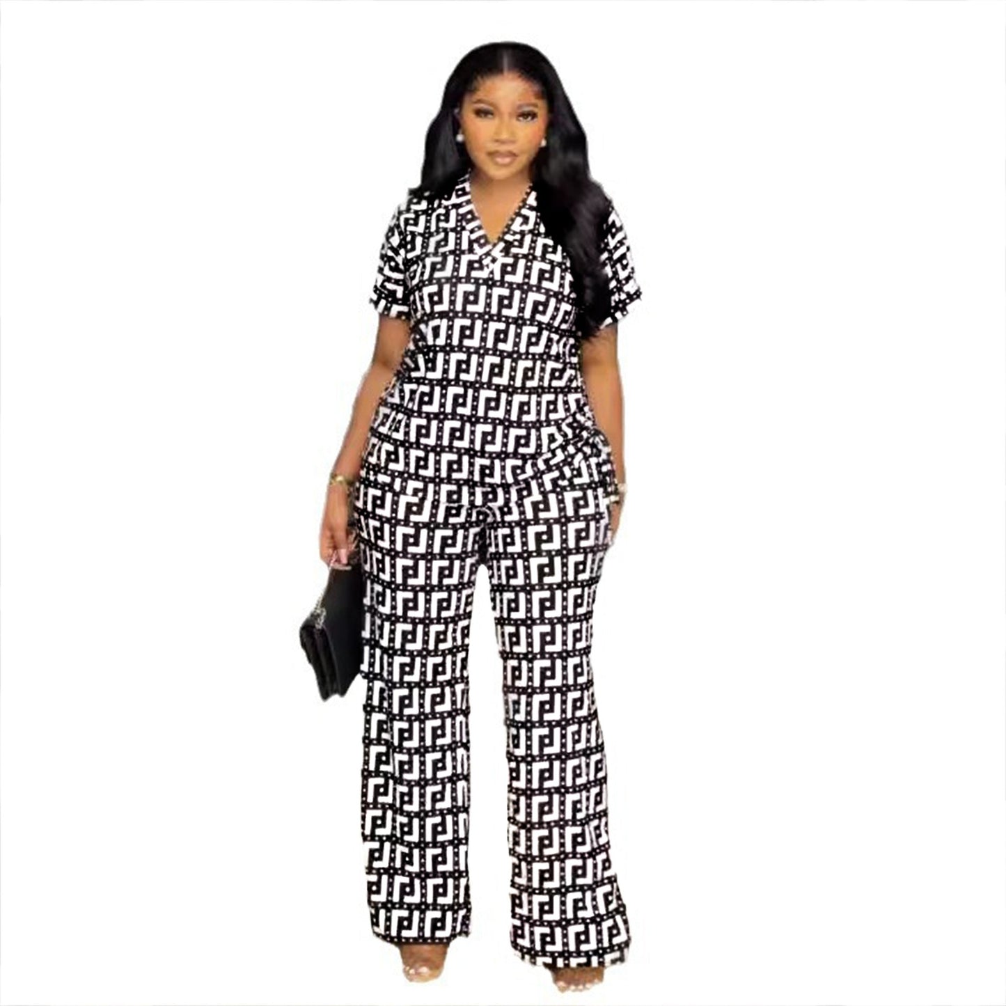 Conjunto de dos piezas de pantalones anchos plisados con cuello en V y estampado para mujer