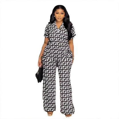 Conjunto de dos piezas de pantalones anchos plisados con cuello en V y estampado para mujer