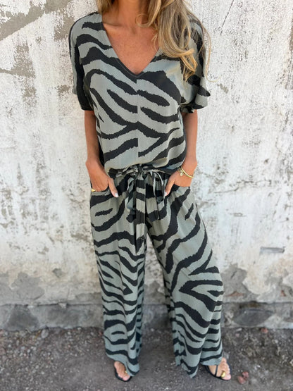 Spring Summer Zebra Pattern V neck Lace up Top Wide Leg Pants Two Piece Sets