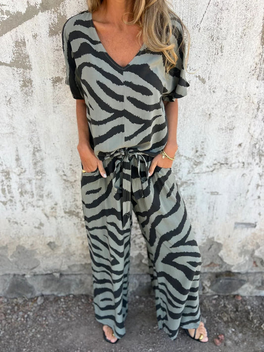 Conjunto de dos piezas con estampado de cebra, cuello en V, top con cordones y pantalones de pierna ancha para primavera y verano