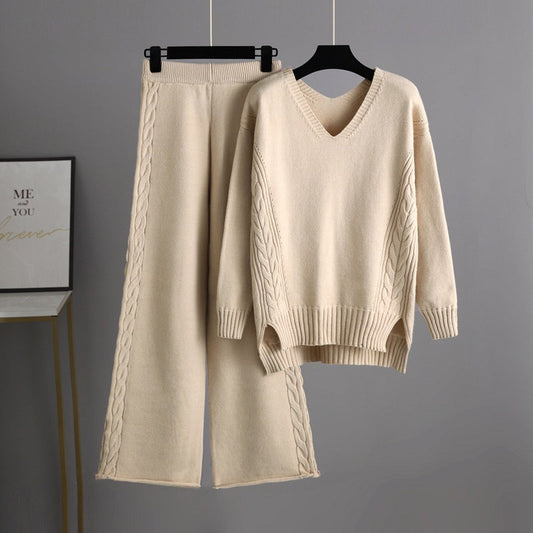 Suéter de punto con pantalones anchos para mujer, traje coreano holgado y grueso de otoño
