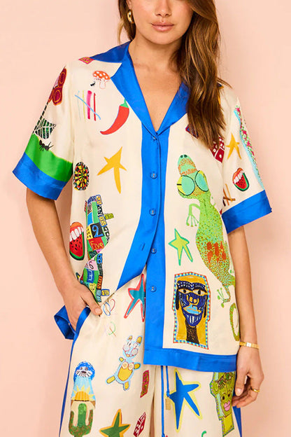 Camisa de satén con cuello y manga corta con estampado de grafiti, pantalones, traje informal de dos piezas, artesanía amplificada