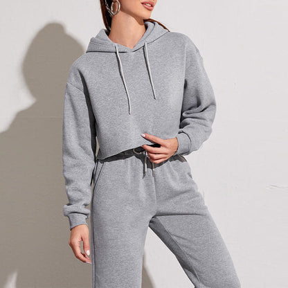 Women Sports Sweatshirt Autumn Winter Fleece-Lined Pullover Hoodie Personalized Bare Cropped Long Sleeved Top
