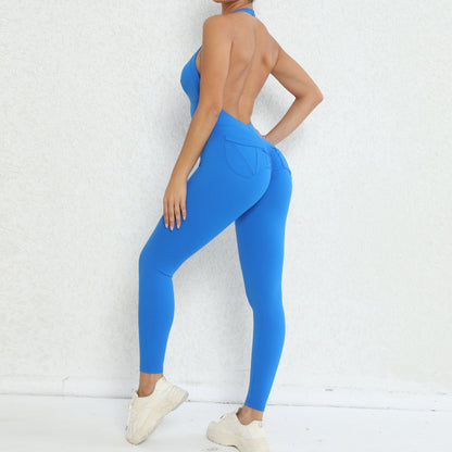 Mono de yoga con espalda descubierta y bolsillos en color melocotón, pantalones deportivos ajustados de fitness con cuello halter y cintura alta