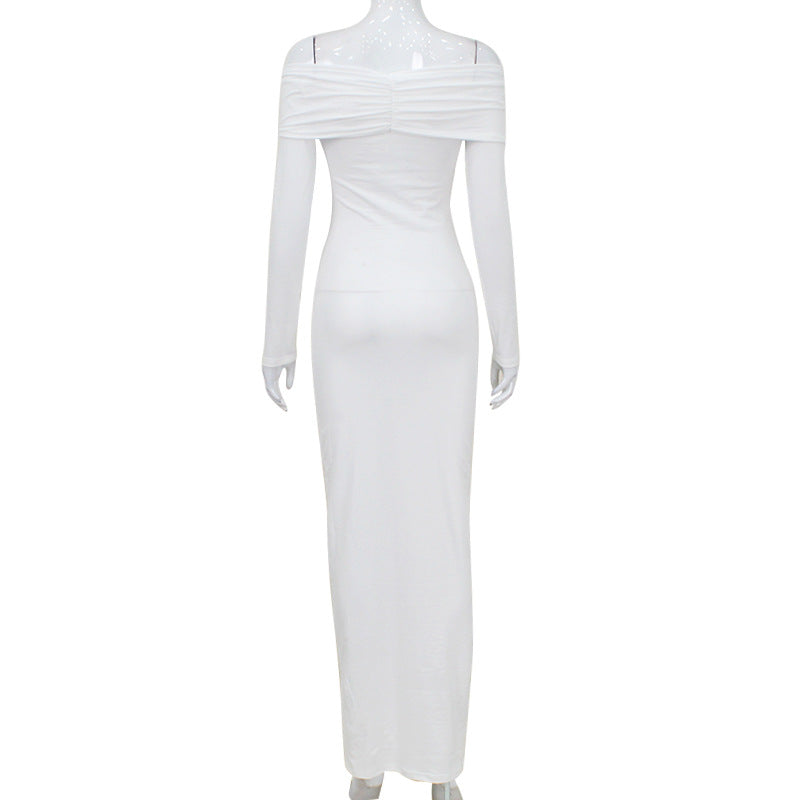 Vestido elegante plisado de color liso con hombros descubiertos y manga larga para otoño e invierno para mujer