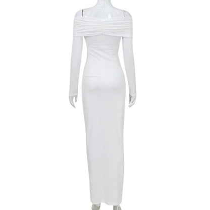 Vestido elegante plisado de color liso con hombros descubiertos y manga larga para otoño e invierno para mujer