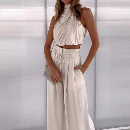 Conjunto de dos piezas informal sin mangas con cuello para mujer, pantalones de pierna ancha, top corto de verano