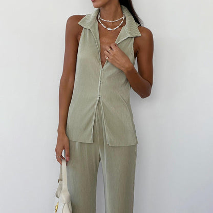 Ropa de mujer, verano, informal, color sólido, camisa sin mangas, pantalones de cintura alta, traje plisado