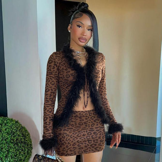 Conjunto de dos piezas de cárdigan sexy con pespuntes y mangas largas con estampado de leopardo